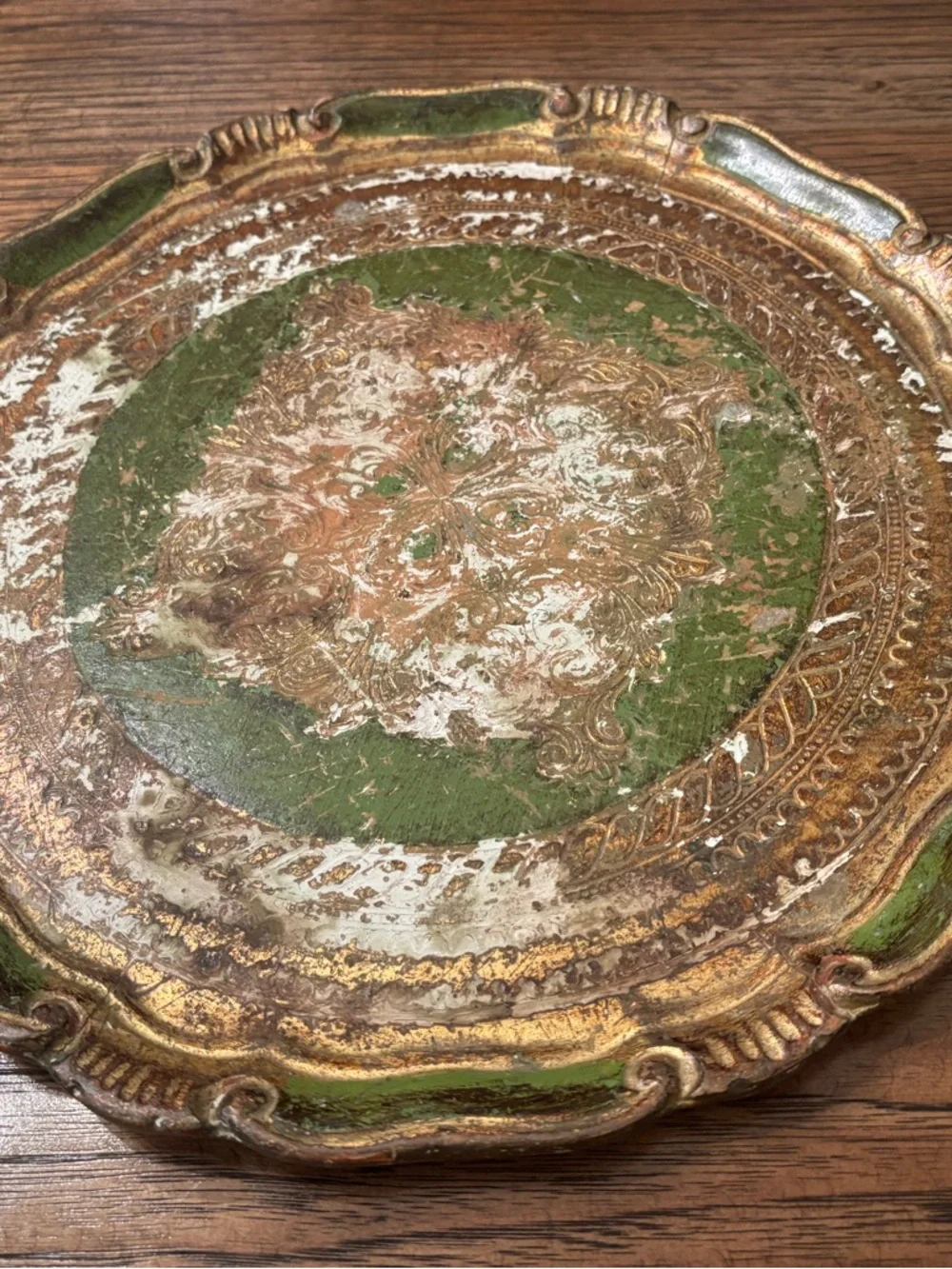 Vintage Italian Florentine Gilt Tray Green Gold Ornate Rococo Tole Style 13”